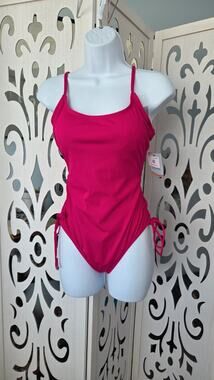 Shade & Shore Pink Ribbed One Piece Swimsuit S 4-6 NWT Side Tie Adjustable